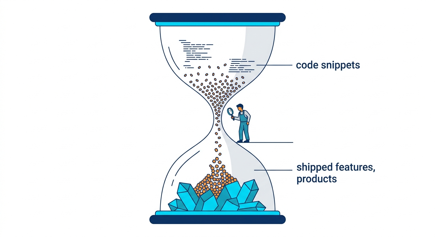 Hourglass diagram where the narrow middle represents the decision-making bottleneck — top half filled with rapidly falling sand particles labeled as generated code snippets, bottom half collecting into larger crystalline structures representing shipped features, with a small human figure standing at the narrow point examining each grain before letting it pass